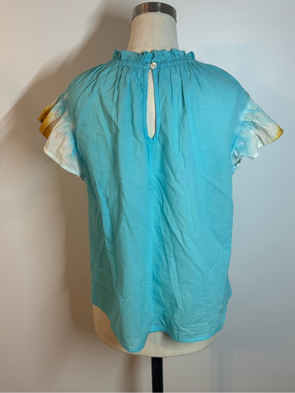 Women’s Turquoise Ruffle-Neck Short Sleeve Top - Picture 3 of 14